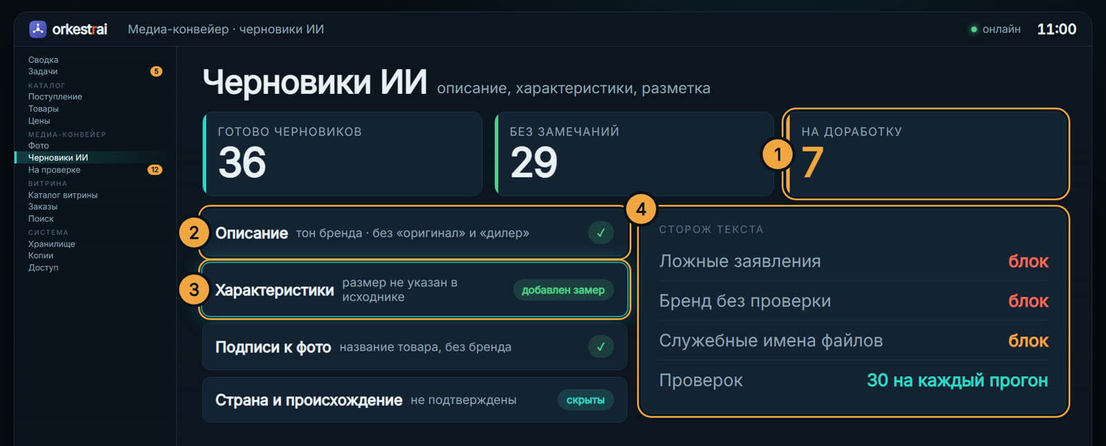 Черновики ИИ: 11:00 — 36 черновиков ИИ: 29 без замечаний, 7 на доработку