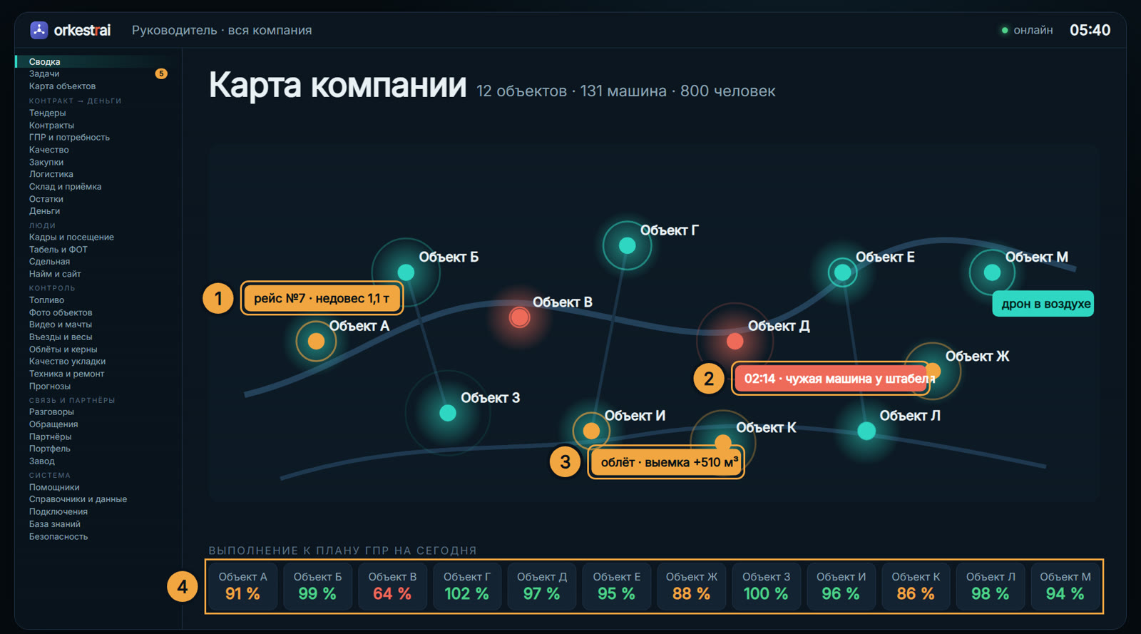 Компания на карте: 05:40 — 12 объектов на одной карте, ночные события уже отмечены