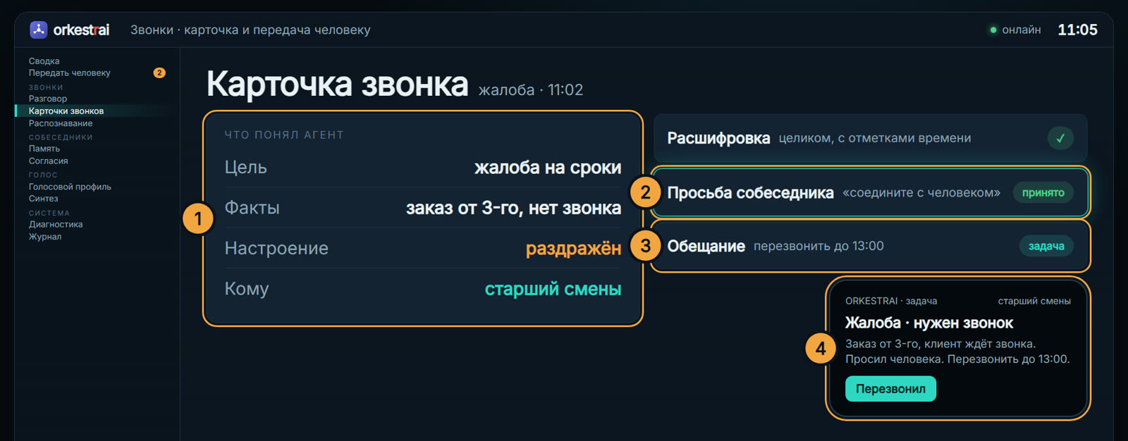 Карточка звонка: 11:02 — жалоба и просьба о человеке: карточка у старшего смены
