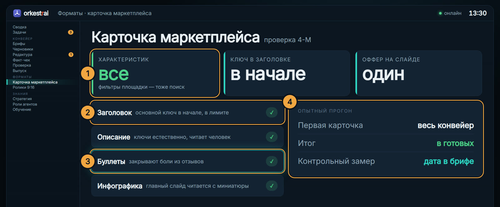 Карточка маркетплейса: 13:30 — карточка готова к площадке: ключ в начале заголовка