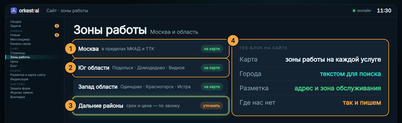 Зоны работы: Заказчик из дальнего района видит: срок и цена — по звонку