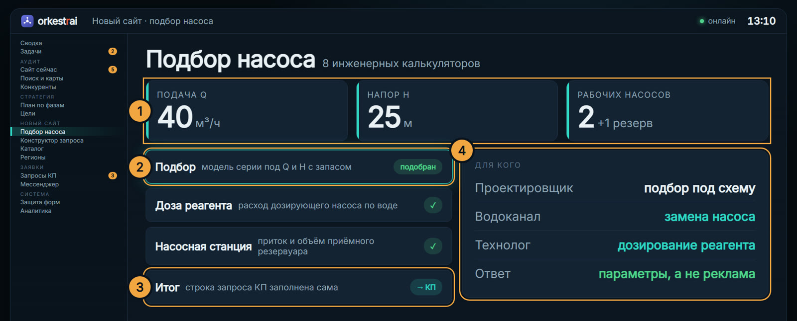 Подбор насоса: Подача 40 м³/ч, напор 25 м — модель подобрана сама