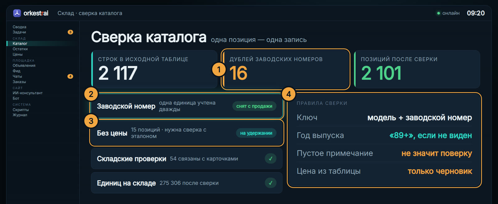 Сверка каталога: В таблице 2 117 строк — 16 из них дубли заводских номеров